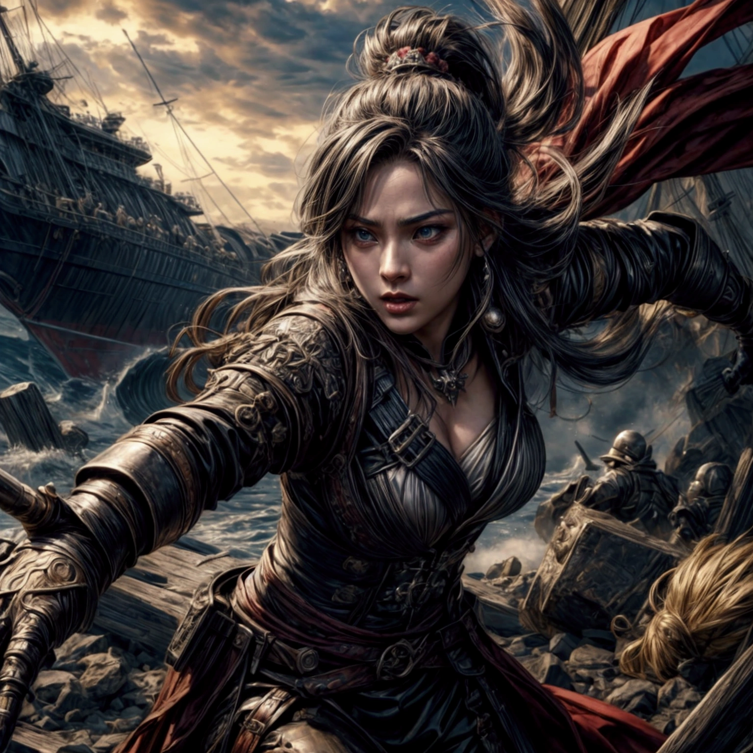 The ships are alongside each other、Sailors preparing for battle rush into enemy ships,
Extremely intense hand-to-hand combat,The fight between pirates,Dynamic composition,
Dramatic Scene,Dynamic Action,
Brandishing a sword、Dominate your opponent,
Super detailed,Detailed face,Detailed Hair,Detailed eyes,Detailed mouth,
reality,Actual photo,Photorealistic,
masterpiece,Highest quality,High resolution,Ray Tracing,8k,Raw photo,Award-winning,
beautiful,Browsing Caution,Perfect human body,Perfect Anatomy,
Perfect Fingers,