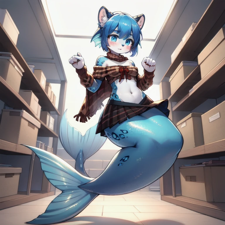 blue mermaid, mermaid tail below waistline, absurdres, furry, female furry, anthro, trending on artstation, uploaded on e621, detailed portrait of a anthro woman, extreme detail, detailed fluffy fur, full body, blushing, detailed eyes, (shaded), (detailed lighting), (cinematic lighting), (masterpiece, hi res, RAW photo, high resolution, high details, best quality), high definition, (high sharpness:1.3), leopard ears, leopard tail, silver fur, asymmetrical_bangs, top not, Royal_Blue_hair, part_bangs, fluorescent_eyes, (brown check pattern shawl around own arms:1.2), (black simple long skirt:1.1), (white simple off-shoulder sweater:1.1), gym_storeroom, Jumping, mimicking a high jump