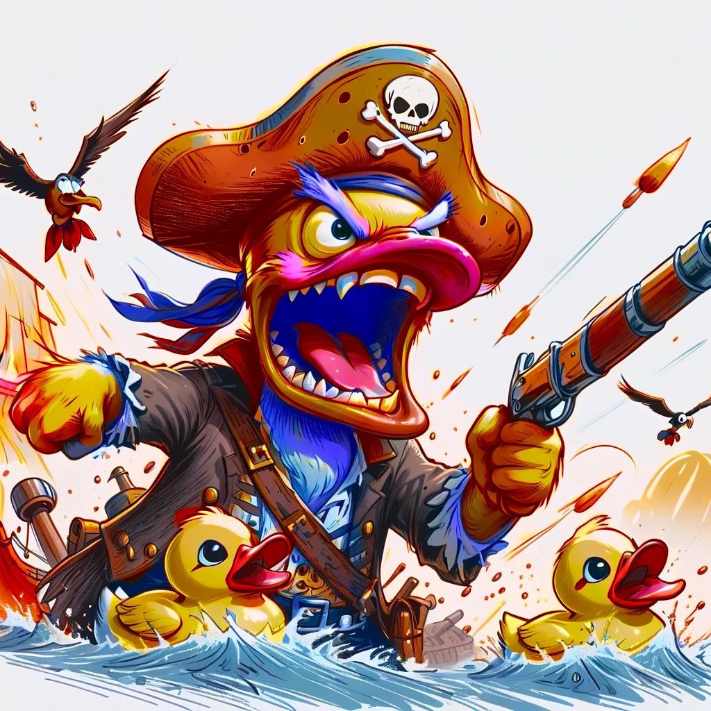 fire, sunset, fiery colors, vibrant hues, uv light, pirate war (rubber duck war) absurdist, wacky cartoon, zany, rubberduck pirates, bellowing, maximal intensity, screaming, mid battle, moment of impact, angry, fury, silly, hilarious, postmeme, point of contact, action shot, cinematic, 2d flat illustration, expressive sketch style, cinematic,
