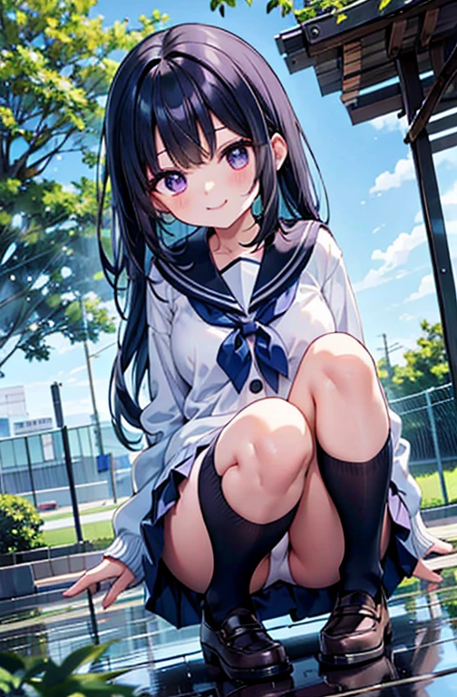 Park after rain　large puddles　Elementary school girl　8-year-old　Large Breasts　Black Hair　Long Hair　The eyes are purple　smile　（（1 person））　Wear a cardigan over a white long-sleeved sailor uniform　Navy blue mini skirt　White panties　White socks　Sports boots　Crouch in front of a puddle（（White pantiesが見える））　from the front　Dynamic Angle　Upper Body Center