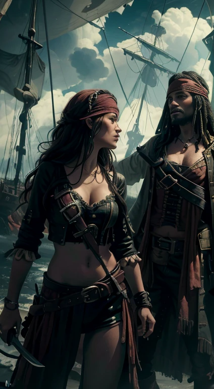 (8k, Highest quality, masterpiece)，Sexy female Pirate War, Sexy Pirate women fighting each other, epic pirate battle, pirates on deck, intense sword fight, detailed pirate ship, chaotic battle scene, stormy sea, dark clouds, fire and smoke,{Realistic, RAW Photos, Super Fine Clear, Impressionist painting, (Influenced by Impressionist painting:1.1)}, naval battle, Pirate Combat, br1tneysp-130              