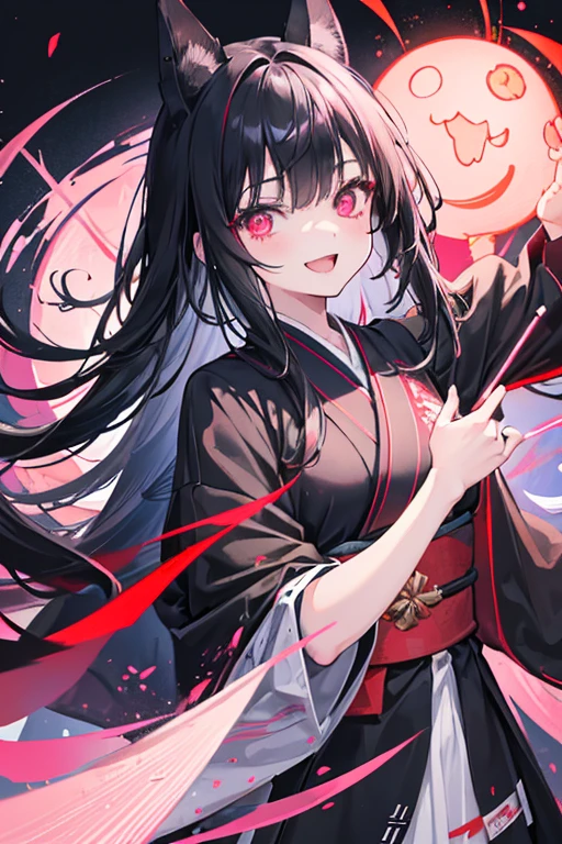 original character , One girl, (Crazy Smile:1.2) , Black Hair , bangs , Crazy Eyes , Put your hands on your face , Red and black color scheme, Open your mouth, (Eyes Wide Open:1.2), Glowing Eyes, left Star-shaped eyes, Star-shaped eyes, Pink Eyes, Pink Eyes、kimono、Young Girl、witch