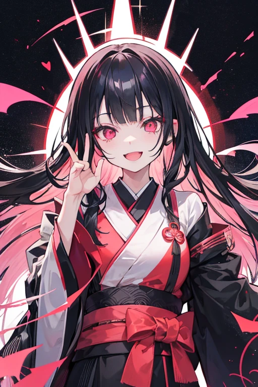 original character , One girl, (Crazy Smile:1.2) , Black Hair , bangs , Crazy Eyes , Put your hands on your face , Red and black color scheme, Open your mouth, (Eyes Wide Open:1.2), Glowing Eyes, left Star-shaped eyes, Star-shaped eyes, Pink Eyes, Pink Eyes、kimono、Young Girl、witch