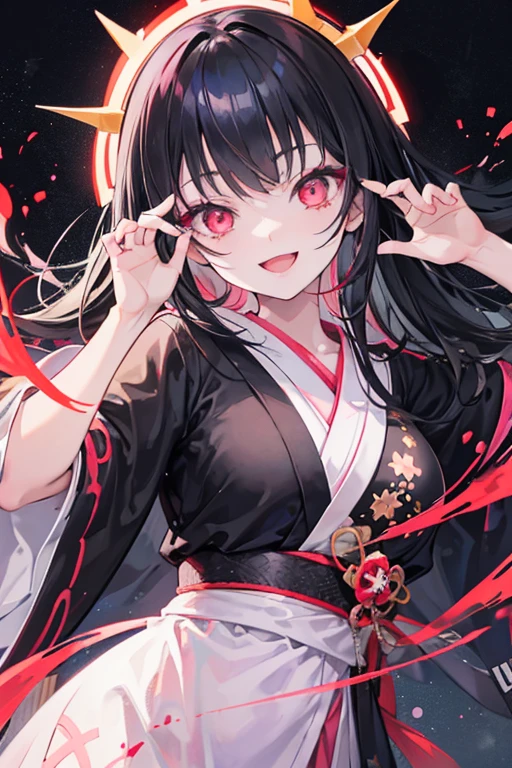 original character , One girl, (Crazy Smile:1.2) , Black Hair , bangs , Crazy Eyes , Put your hands on your face , Red and black color scheme, Open your mouth, (Eyes Wide Open:1.2), Glowing Eyes, left Star-shaped eyes, Star-shaped eyes, Pink Eyes, Pink Eyes、kimono、Young Girl、witch