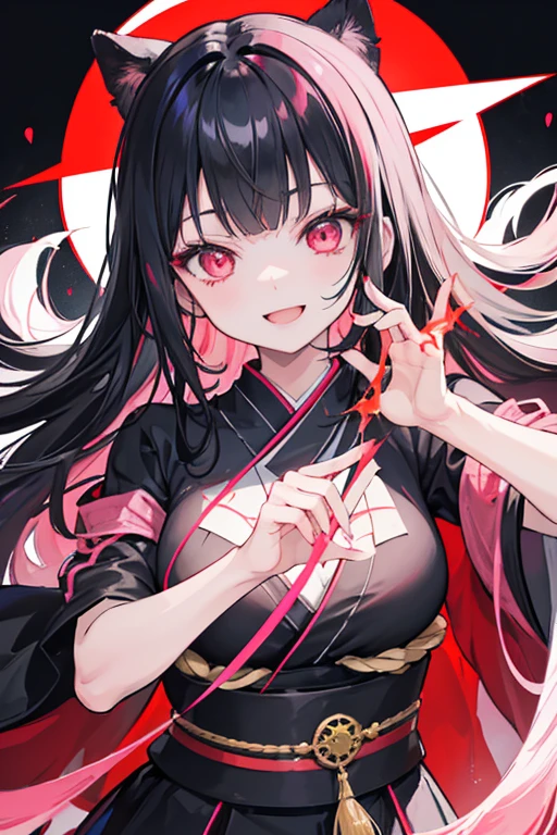 original character , One girl, (Crazy Smile:1.2) , Black Hair , bangs , Crazy Eyes , Put your hands on your face , Red and black color scheme, Open your mouth, (Eyes Wide Open:1.2), Glowing Eyes, left Star-shaped eyes, Star-shaped eyes, Pink Eyes, Pink Eyes、kimono、Young Girl、witch