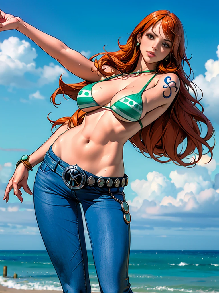 masterpiece, (Realistic:1.5), Highest quality, Beautiful lighting, Real Life, US \(one piece\), (only solo people ), 2 or more people NG, , beautiful, perfect anatomy , , , Floating Hair, Long Orange Hair, Brown eyes, , Exposing shoulders , shoulder tattoo, large breasts , Cleavage, Slim waist, smile, , standing alone , Sweat-soaked skin, , jeans, sling bikini(, green, top only , ), full body / Wearing high heels, Detailed feet, Bangles, bangs, Earrings, , bracelet, between legs, green belt, jewelry, Log Pause, belly button, , , , , , blue sky, cloud, pirate ship on the sea, , , , , , Complex, Attention to detail, Sharp focus, dramatic, (RAW Photos, 8k Ultra HD, Film Grain), Caustics, Scattered beneath the surface, reflection