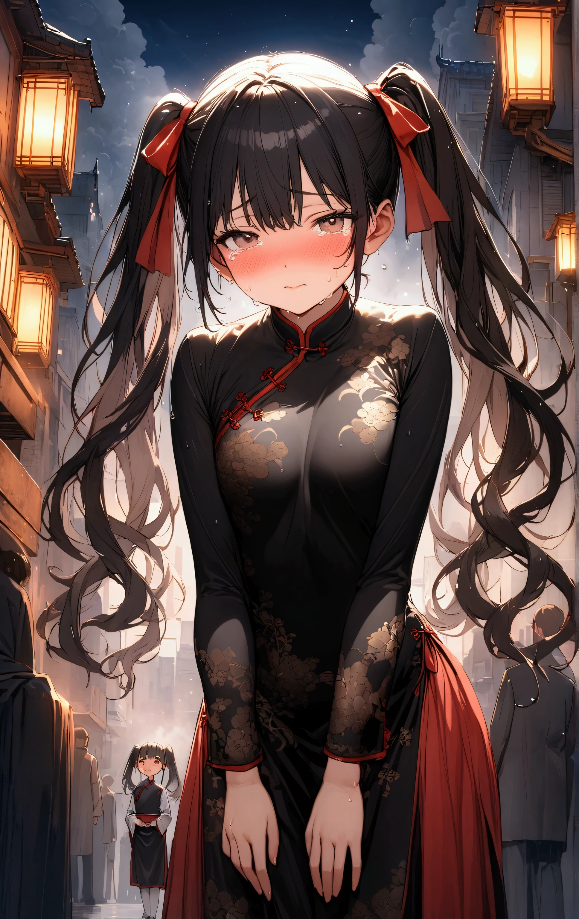 Twin tails、Highly detailed Chinese dress, Looks about , (beautiful girl: 1.3),Highest quality,8k,Highly detailed CG unit wallpaper,masterpiece:1.2,top-quality,Ultra-high resolution,RAW Photos,real texture skin,Cinema Lighting,Embarrassing,blush, vapor,Wet,Sweat,Moist eyes,weak,Huge buildings,metropolis,A girl delivering Chinese food,A girl in tears because her delivery was late,Steam from cooking,prostration,Rear View