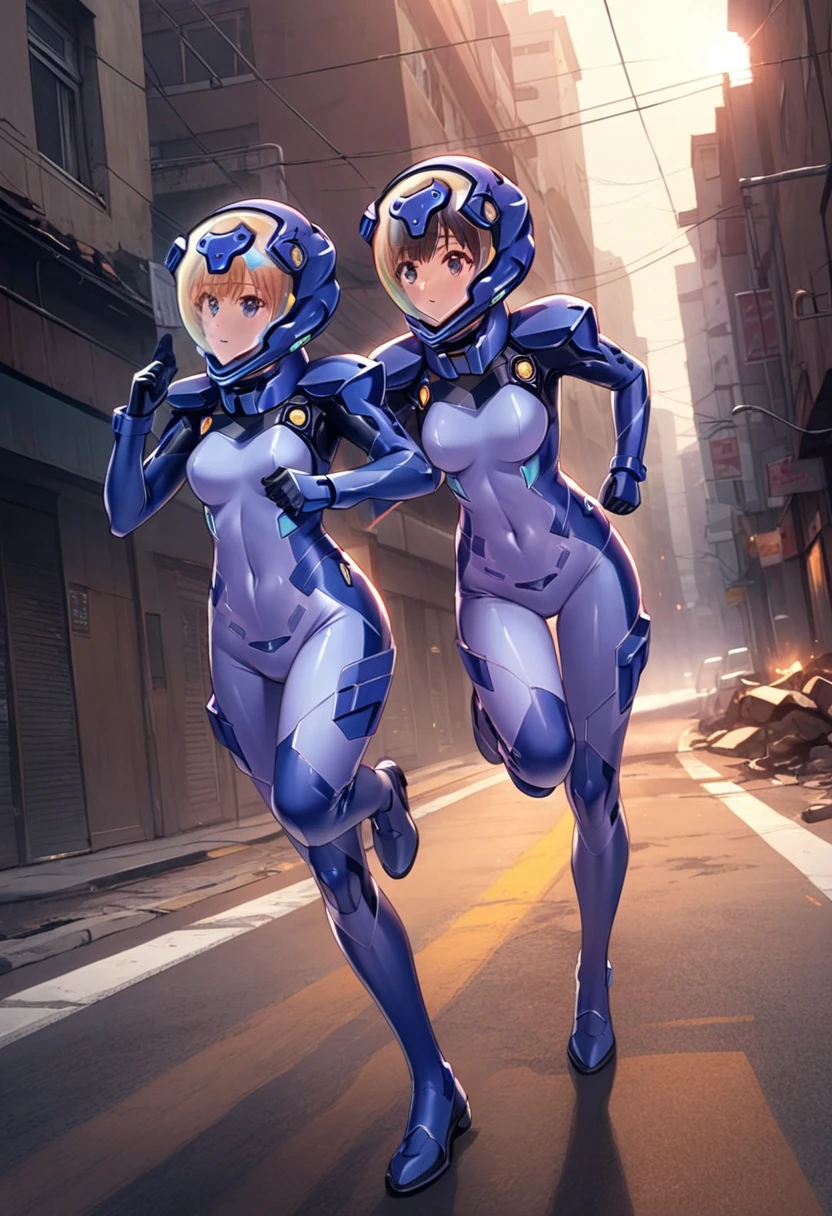 short hair, street, emo, BLACK hair, white eyes, eyeliner, apocalypse, (holding sword), astronaut, fighting stance,  girl,   running, road, city,  fortified suit, ((blue:1.5) plugsuit), short hair, outdoors, cinematic light,  medium breasts, covered navel, space helmet, muvluv, space helm, eva helmet,[[[[ 2girl