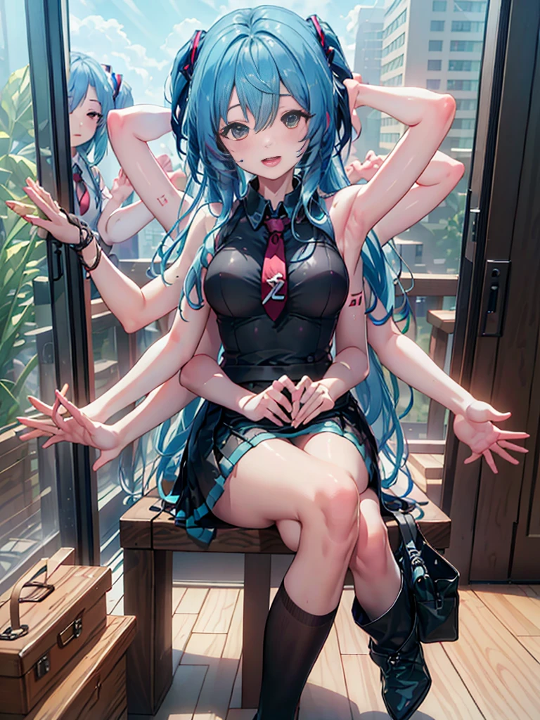 DSLR Photos, (8ก, 4K, Masterpiece),(Masterpiece, best quality), best resolution, (3 heads:1.5), Hatsune Miku, aqua hair, twin tail, long hair, tear, open mouth, smile, be happy, sing, Dancing, White sleeveless shirt, Aqua necktie, black skirt, arms separated,hotel room, arm circle, (hands on head), (lower hand on ankle), (lower hand on leg), Full content in the frame, full body view, (four arms),(Multi-arm),(many hands), Slim shape