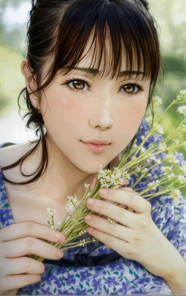 manga style, a close up of a woman holding a bunch of flowers, kimi takemura, Yoshitomo Nara, sakimichan, Chiho, close up iwakura lain, by Tadashi Nakayama, shiori teshirogi, Yasumoto Oka, Chiho ashima, deayami kojima, small face, kawaii, cute girl, brown hair, cute,