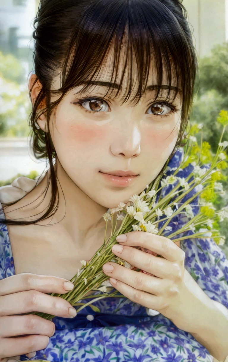 manga style, a close up of a woman holding a bunch of flowers, kimi takemura, Yoshitomo Nara, sakimichan, Chiho, close up iwakura lain, by Tadashi Nakayama, shiori teshirogi, Yasumoto Oka, Chiho ashima, deayami kojima, small face, kawaii, cute girl, brown hair, cute,