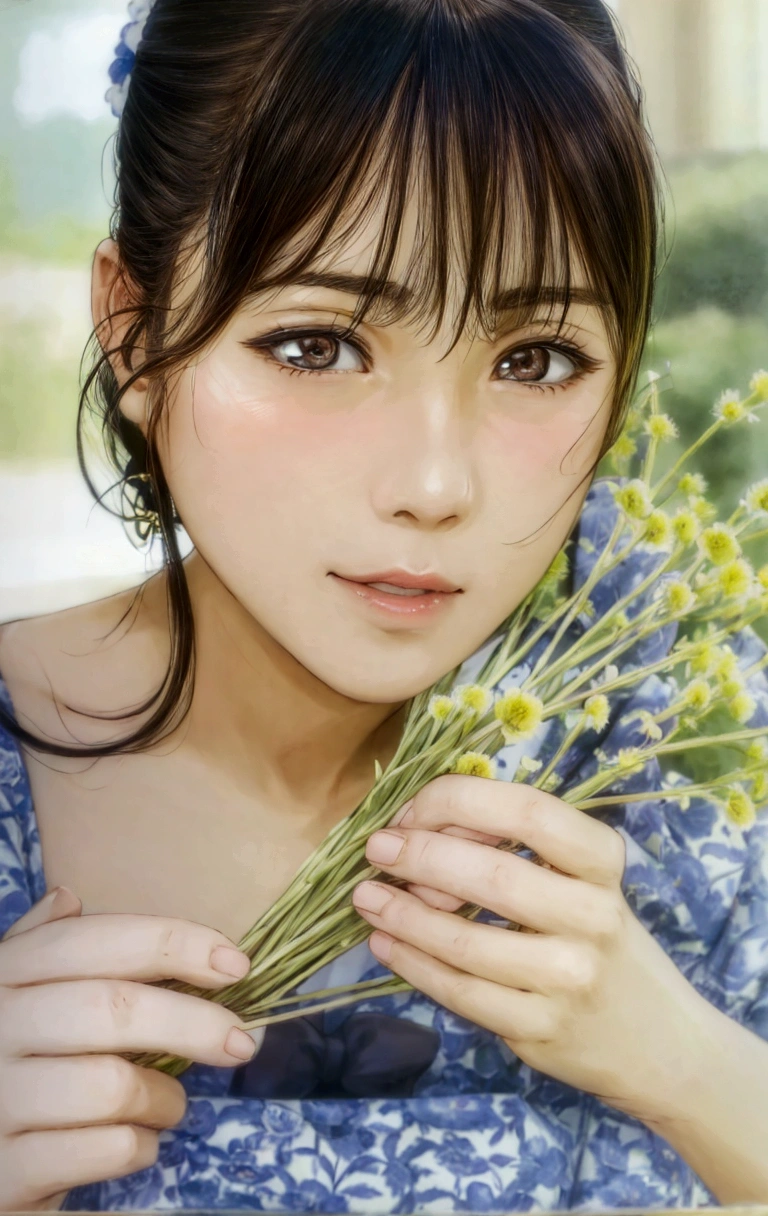 manga style, a close up of a woman holding a bunch of flowers, kimi takemura, Yoshitomo Nara, sakimichan, Chiho, close up iwakura lain, by Tadashi Nakayama, shiori teshirogi, Yasumoto Oka, Chiho ashima, deayami kojima, small face, kawaii, cute girl, brown hair, cute,