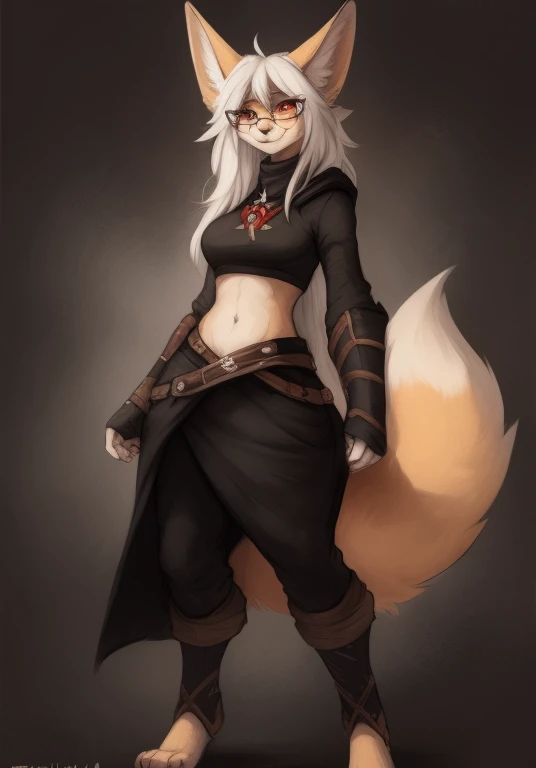 by Zackary911, by Kenket, by Kilinah, by fluff-kevlar, anthro, mommy female white fennec fox, solo, long white hair, red eyes, fangs, full body, one big tail, dark background. dark priest with balck and red cloack open belly, third eye, round glasses, full body concept, realism