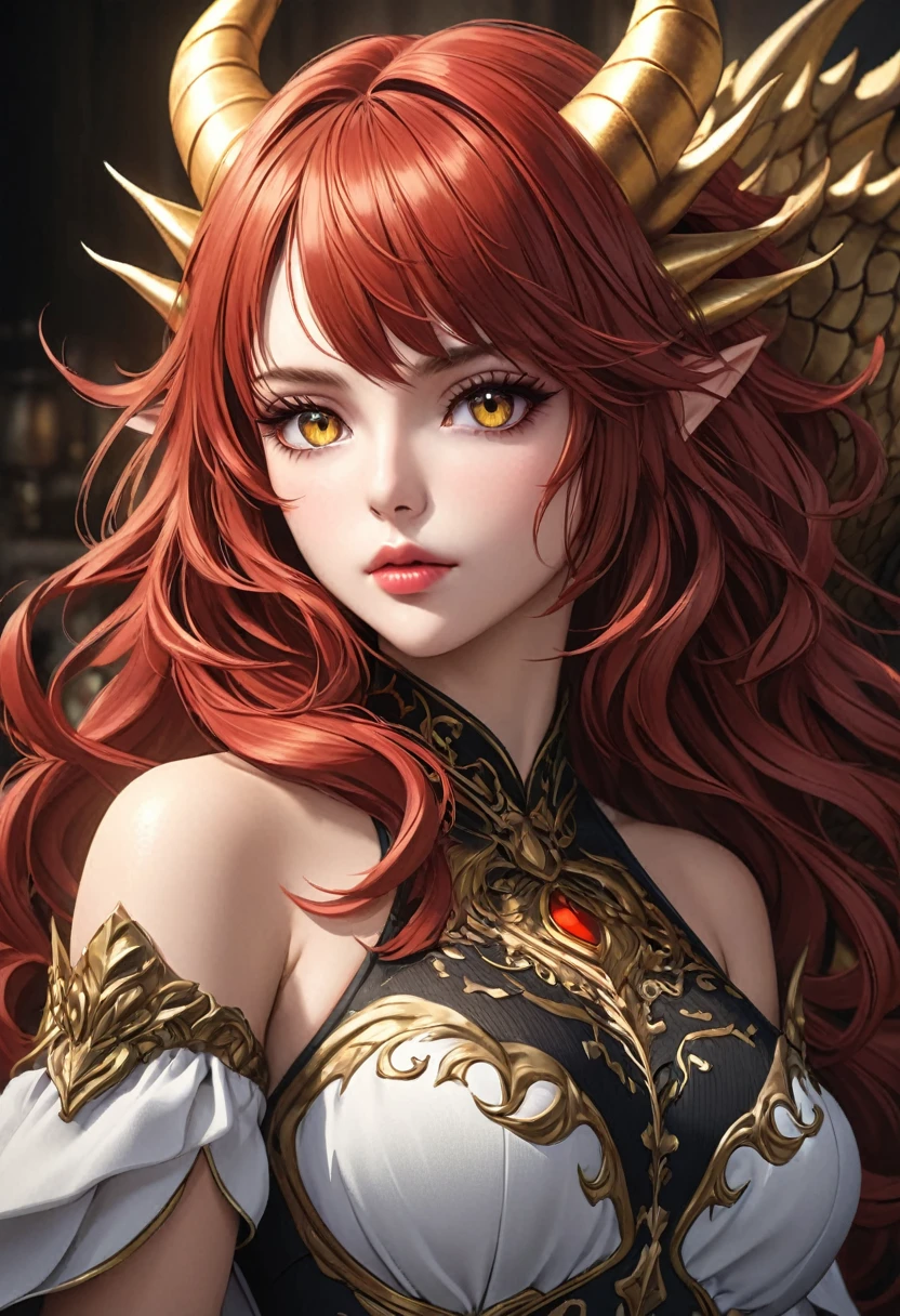 detailed anime girl, 1girl, long wavy brown faded red hair, dragon's golden horns, dragon's red tail, beautiful detailed eyes, beautiful detailed lips, extremely detailed face and portrait, elegant pose, fantasy, dark moody lighting, dramatic colors, cinematic, digital painting, intricate details, photorealistic, (best quality,4k,8k,highres,masterpiece:1.2),ultra-detailed,(realistic,photorealistic,photo-realistic:1.37)