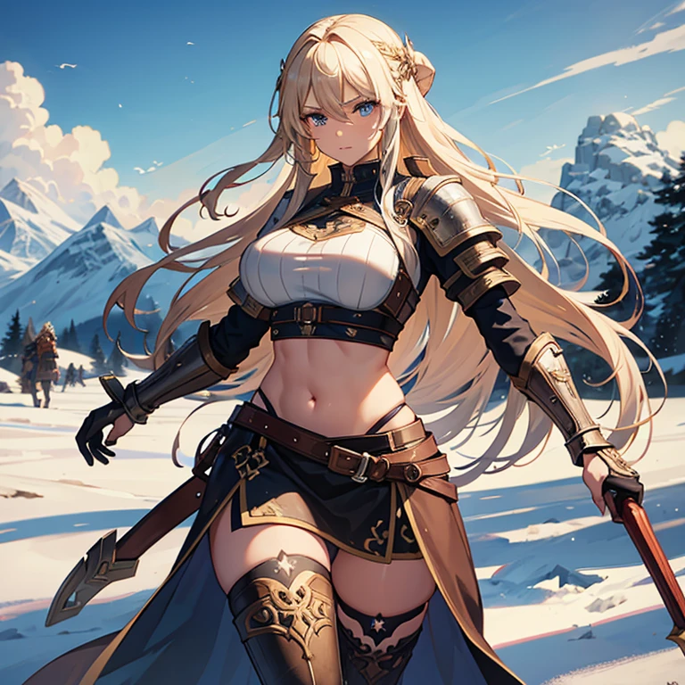 a viking girl with long blonde hair blowing in the wind. She wears a sexy tight-fitting rustic leather armor adorned with Nordic details that highlights her curvy figure and shows off her toned abdomen and legs.. His blue-eyed face shows strength and determination, but at the same time sweetness and warmth. In the background a Nordic landscape with mountains and scarce vegetation. also some viking ships
