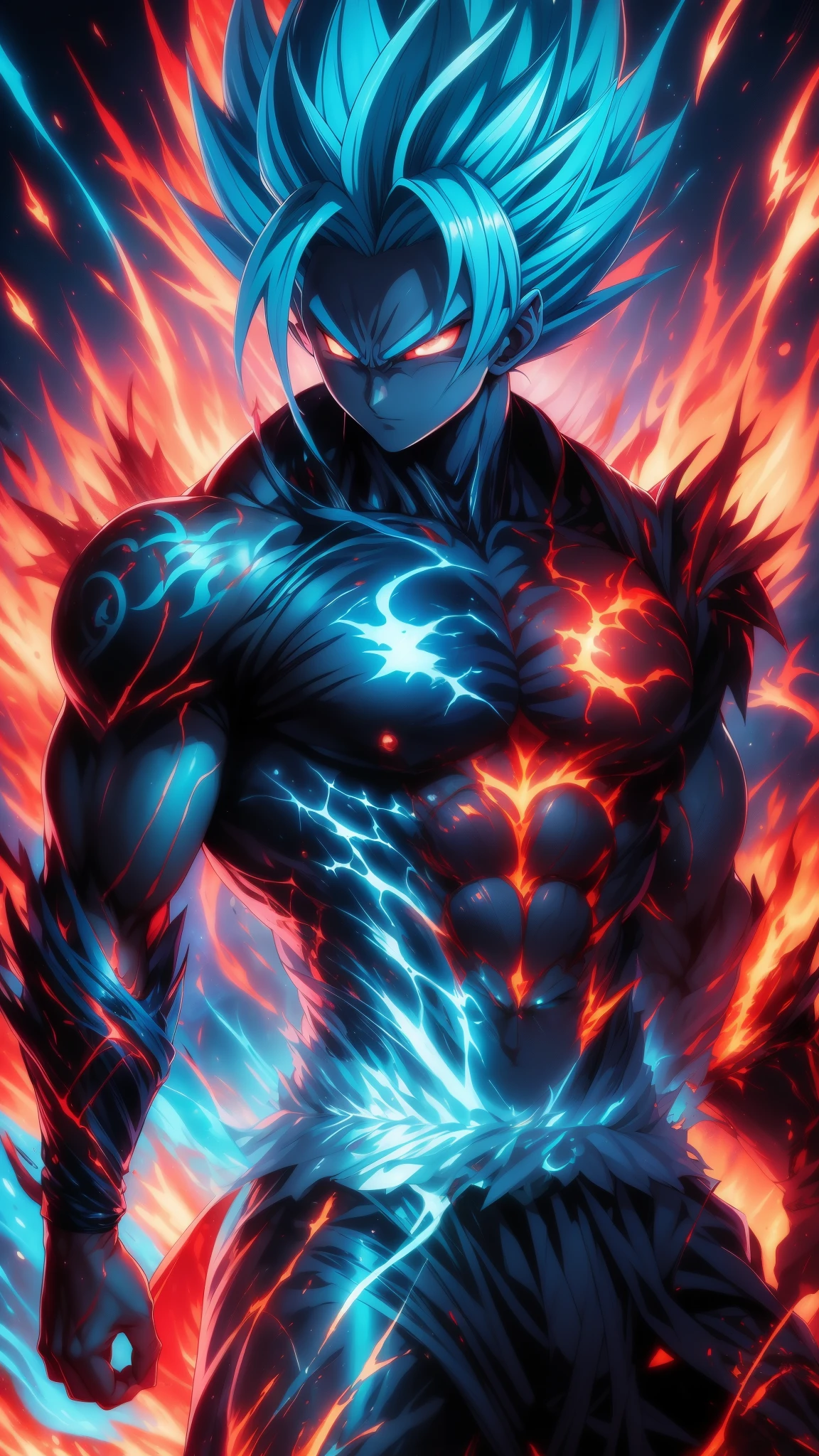 "Get ready for a visual feast,Goten has a handsome face and sharp red eyes, Glowing blue hair and tattoos, Well-proportioned portraits and landscapes, And perfect figure. In his transformed state, He exudes extreme instinct and strength, Create an epic animation about this energetic man. The flames and lava in this stunning anime artwork will amaze you. This concept art comes straight from the universe, Comic-style 8k wallpapers will take you into another dimension. Get ready to be wowed by this beautiful piece of digital anime art, Showcasing the ultimate combination of style and power.''