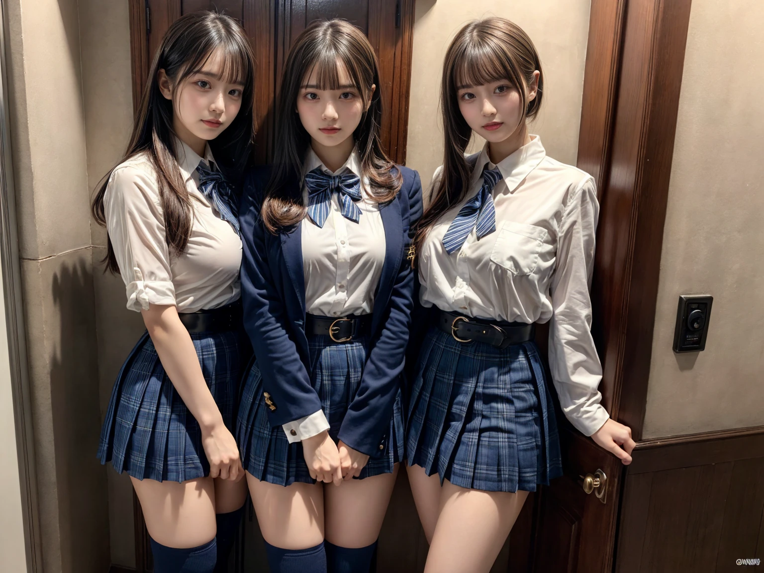 (8K, Raw photography, top-quality, ​masterpiece:1.2), master piece, best quality, illustration, Super detailed, fine details, High resolution, 8K,wall paper, perfect dynamic composition,(Details High quality, realistic depiction of eyes:1.3), ((2 girls, 2 schoolgirls)), The background is a luxury hotel room、High school girl uniform、blazer 、Super Short Check Uniform Skirt、Navy blue high socks、garterbelts、Colossal tits、Disturbed uniform, Play with each other,Touching each other's bodies,Touching the body of the girl next door, short bob hair, black hair color, huge breasts, Big Natural Color Lip, bold sexy pose, (perfect body shape), crying a little、cold gaze,  Beautiful makeup,glitter makeup,Cutest 18 years old, beautiful legs, hposing Gravure Idol, Voluptuous thighs