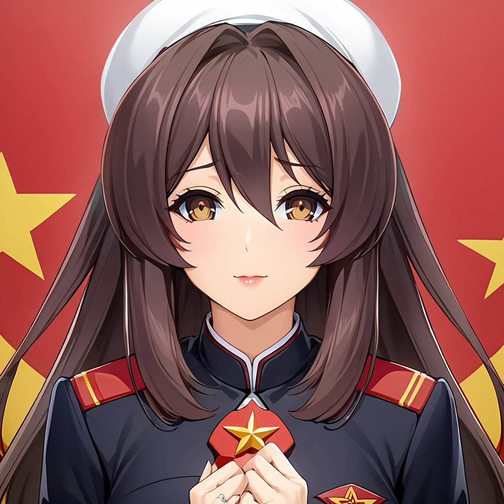 ((Highest quality)), ((masterpiece)), (detailed), (Perfect Face)、The woman is Chinese, Katsuragi Marina, a Chinese woman with medium-long brown hair who is wearing an engagement ring. She is a member of the glorious Chinese Communist Party and has sworn absolute loyalty to the Chinese Communist Party. She is a righteous Communist Party member of China and the wife of a great Communist Party official.、The woman is wearing the fine uniform of a Chinese Communist Party member.、For the sake of China, their hairstyles, clothes, and everything they wear are all Chinese Communist Party items, and their thoughts are also Chinese, becoming great Chinese in body and mind.、The woman became Marina Katsuragi, a Chinese woman who is proud of and loves China.、She is serving China as a member of the great Communist Party of China.、The woman is a beautiful, respectable and exemplary Communist Party member.