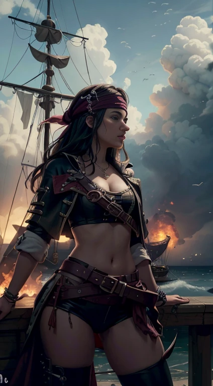 (8k, Highest quality, masterpiece),Sexy female Pirate War, Sexy Pirate women fighting each other, epic pirate battle, pirates on deck, intense sword fight, detailed pirate ship, chaotic battle scene, stormy sea, dark clouds, fire and smoke,{Realistic, RAW Photos, Super Fine Clear, Impressionist painting, (Influenced by Impressionist painting:1.1)}, naval battle, Pirate Combat, br1tneysp-130
