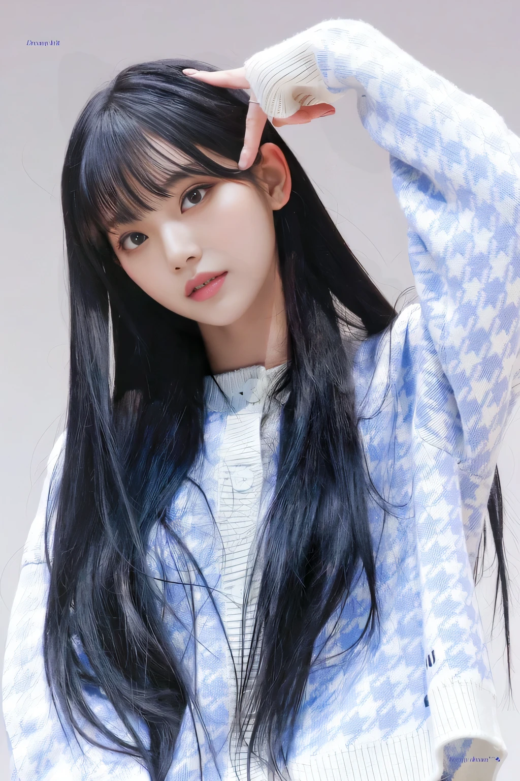 One girl, Long Hair, bangs, Black Hair, teeth, High resolution, accurate, Black Hair, Curly Hair, Heavy makeup, Long eyelashes, realism, Korean Idols