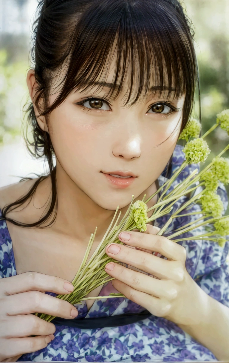 manga style, a close up of a woman holding a bunch of flowers, kimi takemura, Yoshitomo Nara, sakimichan, Chiho, close up iwakura lain, by Tadashi Nakayama, shiori teshirogi, Yasumoto Oka, Chiho ashima, deayami kojima, small face, kawaii, cute girl, brown hair, cute,