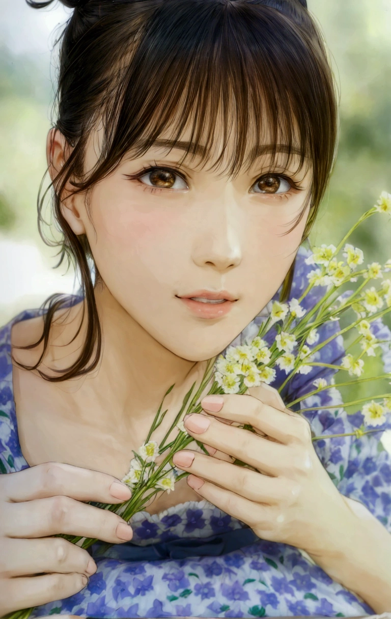 manga style, a close up of a woman holding a bunch of flowers, kimi takemura, Yoshitomo Nara, sakimichan, Chiho, close up iwakura lain, by Tadashi Nakayama, shiori teshirogi, Yasumoto Oka, Chiho ashima, deayami kojima, small face, kawaii, cute girl, brown hair, cute,

