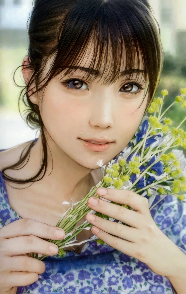 manga style, a close up of a woman holding a bunch of flowers, kimi takemura, Yoshitomo Nara, sakimichan, Chiho, close up iwakura lain, by Tadashi Nakayama, shiori teshirogi, Yasumoto Oka, Chiho ashima, deayami kojima, small face, kawaii, cute girl, brown hair, cute,