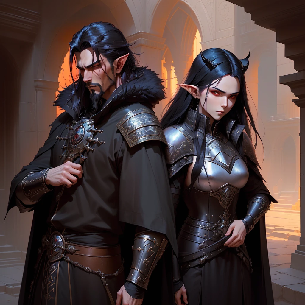 ( excellent quality ) masculine, alone, close up, vampire, in darkly lit courtyard, stern expression, crimson eyes, very long black hair (male), gray fur coat collar, black goatee, very pale skin, pointy ears, elf ears, ornate black plate armor, malignant aura, dominating stance, kingly aura, long coat under the plate armor, thin tabard over chest, blood red sky, makoto shinkai, artgerm and atey ghailan, demon slayer art, krenz cushart, makoto sinkai, casimir art, range murata