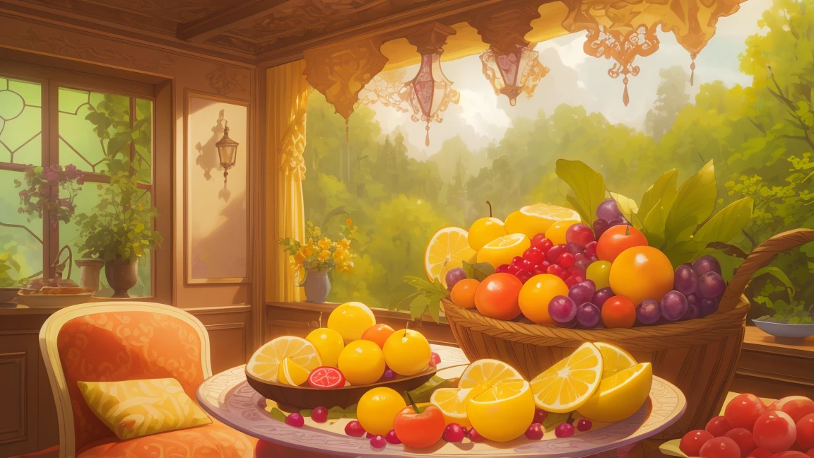  Background in a beautiful house, Ultra HD fruit basket, realistic, Bright colors, Highly detailed, UHD Drawing, perfect composition, Complex with beautiful details