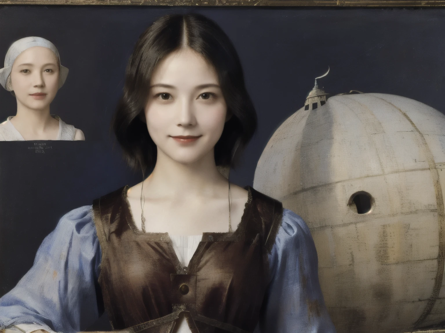 263 20-year-old female,(Short Hair 46),(chest:1.5),Old-fashioned smile,(Paintings by Leonardo da Vinci),(airship,Blueprint)