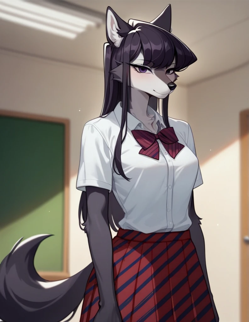 score_9,score_8_up,score_7_up, source_anime, source_furry, Anthro furry wolf girl, Komi Shouko, she is an Anthro furry black wolf, black furry body, wolf snout, black nose, tall and skinny, small breasts, wearing , at a Japanese school, 