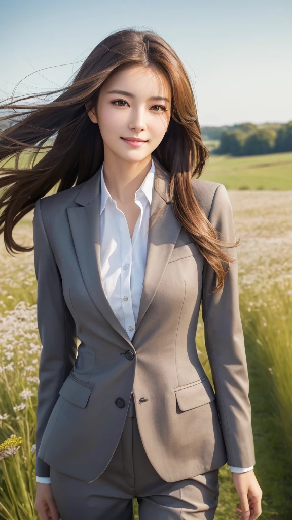 highest quality、genuine、Super detailed、finely、High resolution、8k wallpaper、one beautiful woman、、、light brown disheveled hair、wearing a business suit、sharp focus、perfect dynamic composition、beautiful and detailed eyes、thin hair、Detailed genuine skin texture、smile、model body shape、In a windswept meadow