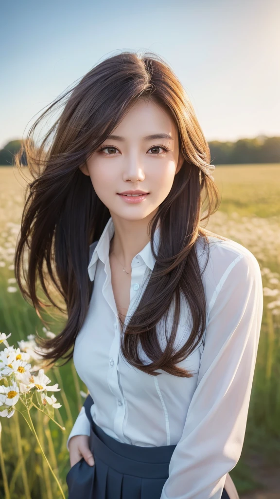 highest quality、genuine、Super detailed、finely、High resolution、8k wallpaper、one beautiful woman、、、light brown disheveled hair、wearing a business suit、sharp focus、perfect dynamic composition、beautiful and detailed eyes、thin hair、Detailed genuine skin texture、smile、model body shape、In a windswept meadow