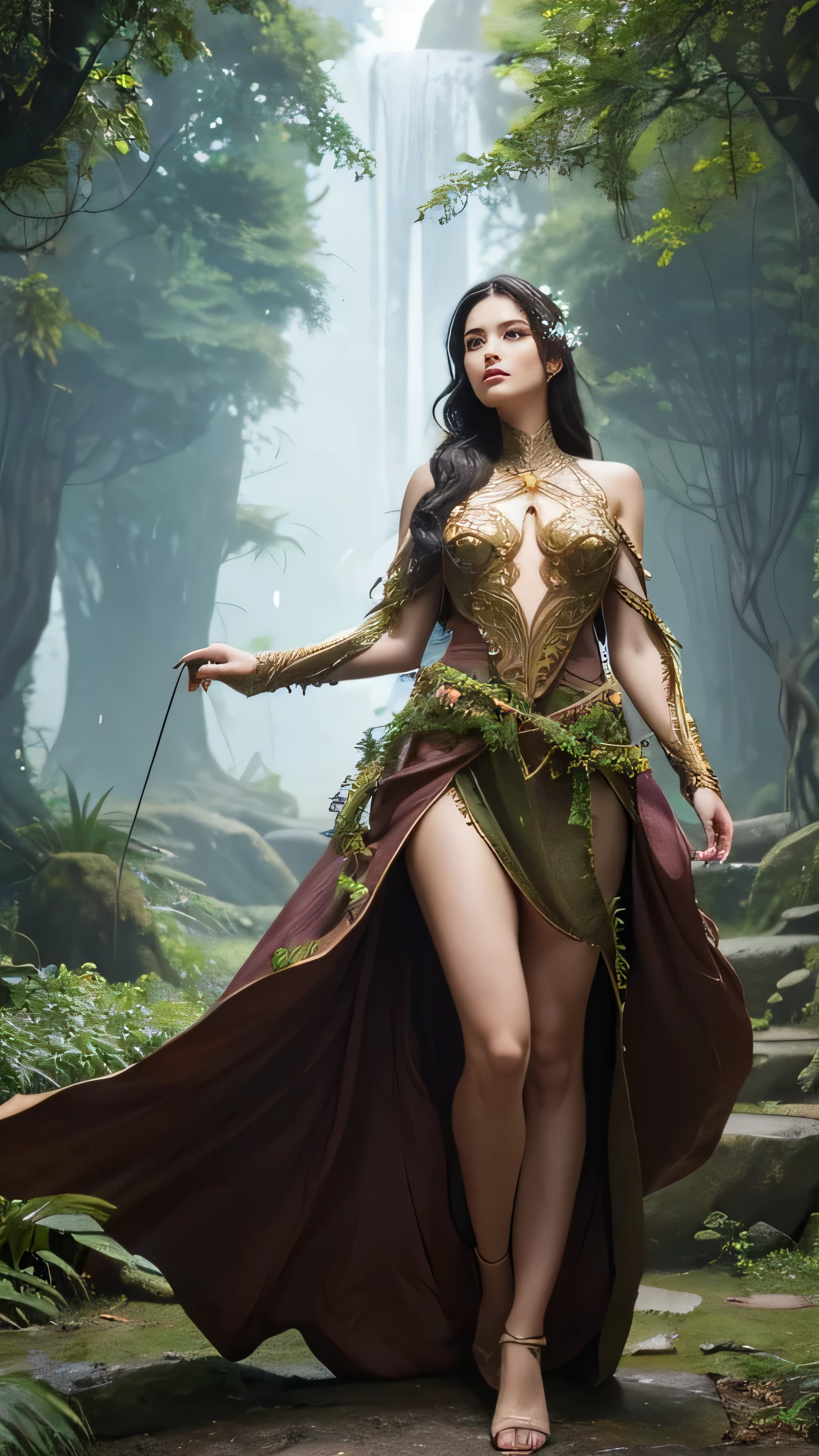 Create an ultra-realistic depiction of a Female Golem. This figure exudes strength and grace, blending the raw power of a golem with the elegance of a woman. **Overall Appearance:** She stands tall and imposing, with a muscular yet feminine build. **Head:** Her face is carved with delicate features, including high cheekbones and a defined jawline. Her eyes glow with an ethereal light, set deep into her stone visage, giving her an intense and mesmerizing gaze. **Hair:** Instead of traditional hair, she has strands of fine, moss-covered vines flowing down her back, adding a natural and mystical element to her appearance. **Body:** Her body is sculpted from smooth, polished stone, with intricate patterns and runes etched into her skin. The runes glow faintly, symbolizing her magical nature. **Arms and Hands:** Her arms are strong and well-defined, ending in graceful yet powerful hands capable of great force and precision. **Legs and Feet:** Her legs are sturdy and shapely, providing a solid foundation, and her feet are wide and stable, designed for balance and support. **Special Features:** Cracks in her body reveal a glowing inner core, suggesting a powerful energy source within. The surface of her body is adorned with small, delicate plants and flowers, adding to her enchanting and otherworldly appearance. **Attire:** She wears a flowing gown made of woven leaves and vines, which complements her natural aesthetic and allows for fluid movement. **Setting:** The background features an ancient, mystical forest, with the Female Golem standing in a clearing surrounded by towering trees and dense foliage. The atmosphere is filled with an aura of ancient magic and timeless power, emphasizing her connection to the earth and her role as a guardian of nature.