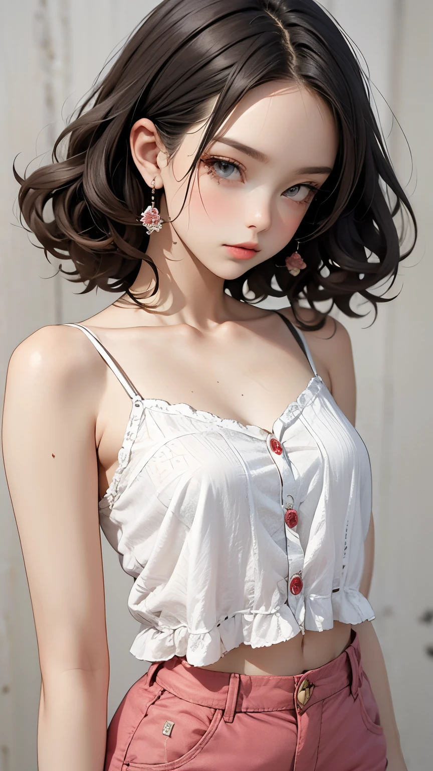 Thin-strap camisole, hot pants, pink thin clothes, slimming look, short curly black hair, detailed eyes, detailed face, detailed skin, sidelong glance, narrow eyes, gentle expression, casual background, mole under eye,