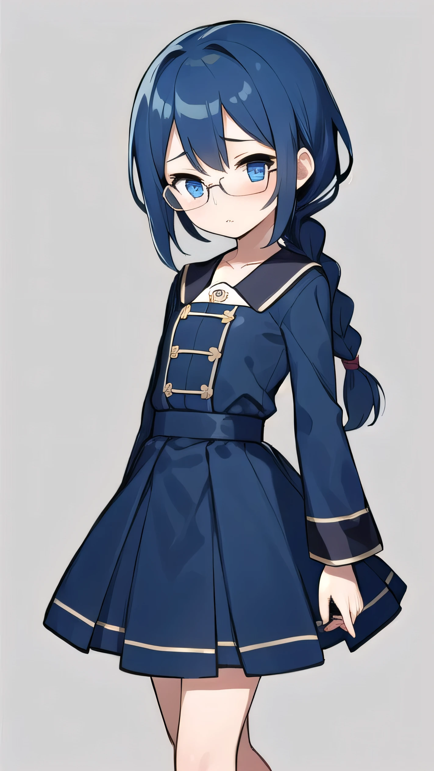 short, 12 years old, blue hair, single braid, blue eyes, round eyes, shy, shy, , short, young face, short height, , glasses with no edges,flat chest,1girl,long hair,Long sleeves, cute clothes, fancy clothes, long skirts,