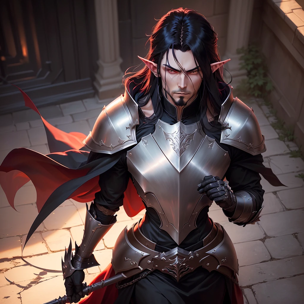 ( excellent quality ) masculine, alone, close up, vampire, in darkly lit courtyard, stern expression, crimson eyes, very long black hair (male), gray fur coat collar, black goatee, very pale skin, pointy ears, elf ears, ornate black plate armor, malignant aura, dominating stance, kingly aura, long coat under the plate armor, thin tabard over chest, blood red sky, makoto shinkai, artgerm and atey ghailan, demon slayer art, krenz cushart, makoto sinkai, casimir art, range murata