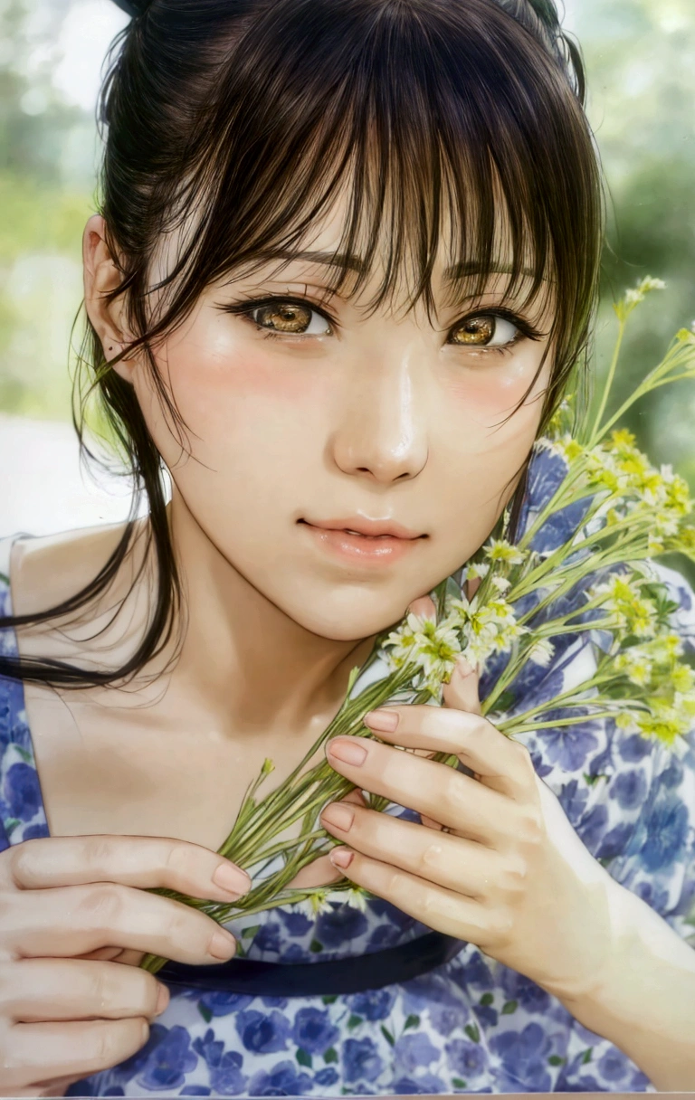 manga style, a close up of a woman holding a bunch of flowers, kimi takemura, Yoshitomo Nara, sakimichan, Chiho, close up iwakura lain, by Tadashi Nakayama, shiori teshirogi, Yasumoto Oka, Chiho ashima, deayami kojima, small face, kawaii, cute girl, brown hair, cute,
