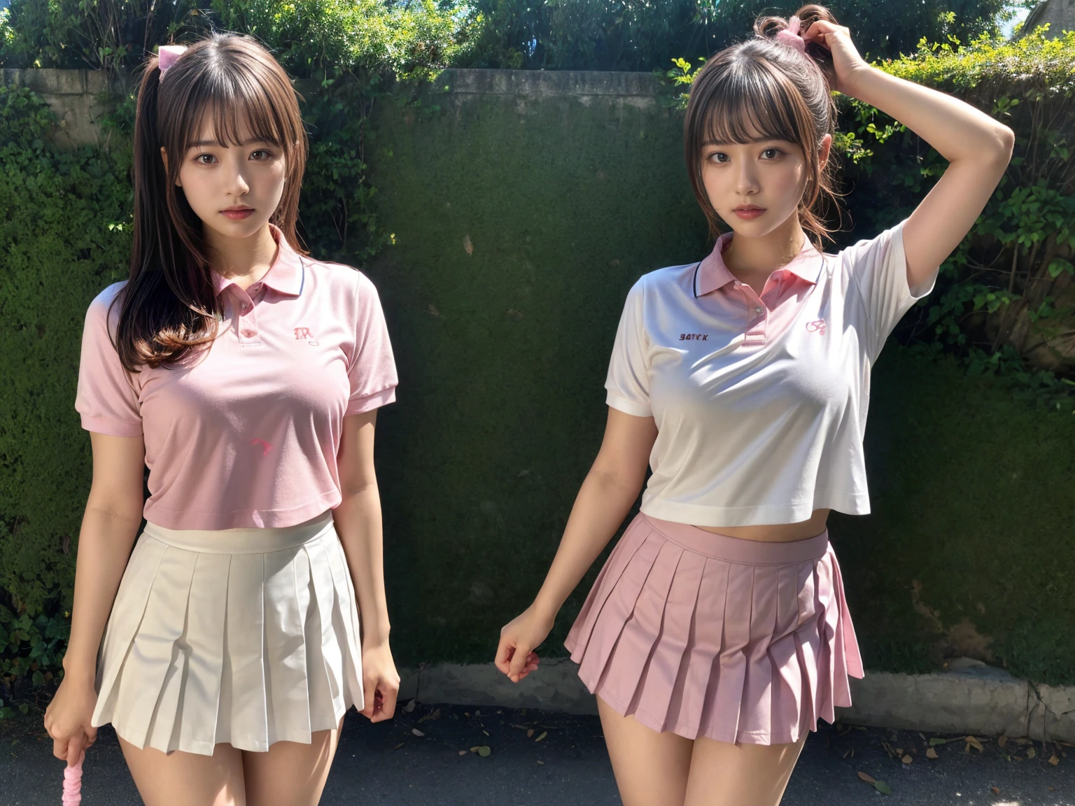masterpiece, best quality, illustration, Super detailed, fine details, High resolution, 8K,wall paper, perfect dynamic composition,(Details High quality, realistic depiction of eyes:1.3), (2 girls), BREAK (white theme:1.4), (tucked-out short sleeve white polo shirt:1.4), (pink lines on tops outline:1.3), (pure white pleated mini skirt:1.3), (hem of top covers top half of skirt:1.3), (pink fluffy scrunchie on wrist:1.3), (white and pink sports shoes:1.2), short bob hair, (large breasts:1.2), plumpy body, black hair color, Big Natural Color Lip, (perfect body shape), crying a little、Harajuku style、20 year old girl、cute type、beautiful legs, Gravure Idol