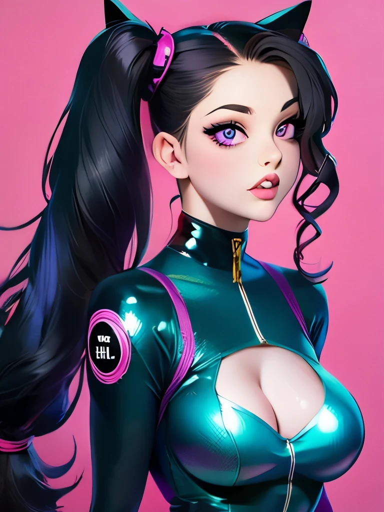 (masterpiece),(best quality),extreamly delicate and beautiful,illustration,((perfect female figure)),mature female,1 rider girl,i:p masquerena, bodysuit,black very long hair,twintails, purple eyes, cyberpunk  city background,cat ears helmet,