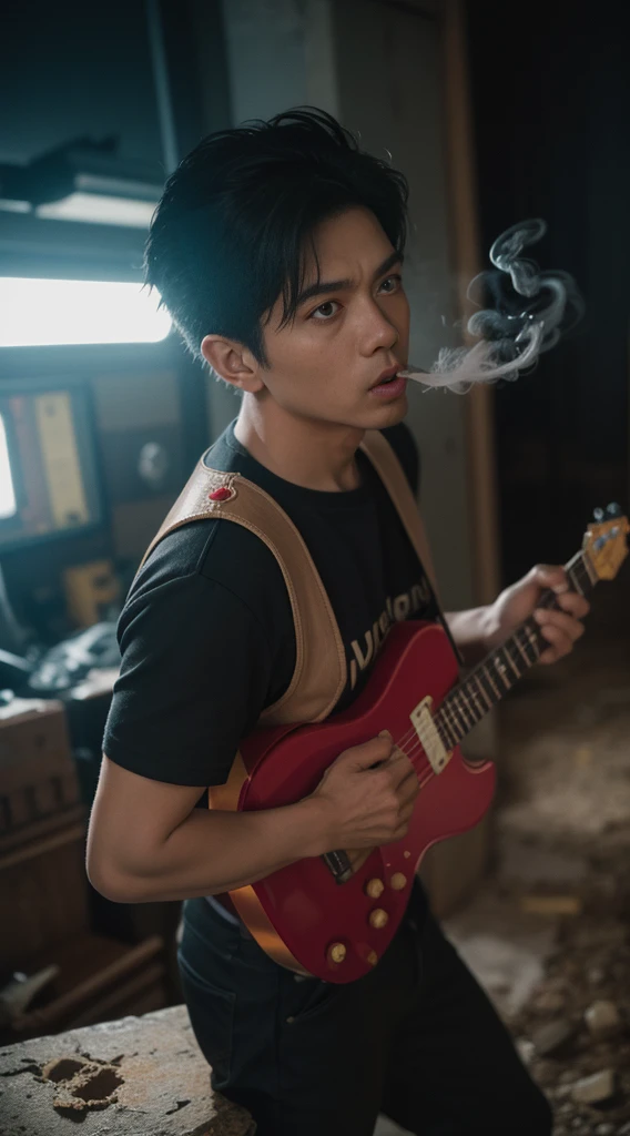 a 70 years old malay man in super mario costume outfit with spiky colorful punk hair singing rock song in waste disposal site, night, serious face, nighttime, in school of rock movie style, hyper - realistic photography, dramatic effect, smoke effect in background, dark color grading, full body, 8k, close - up shot, extreme close - up photo