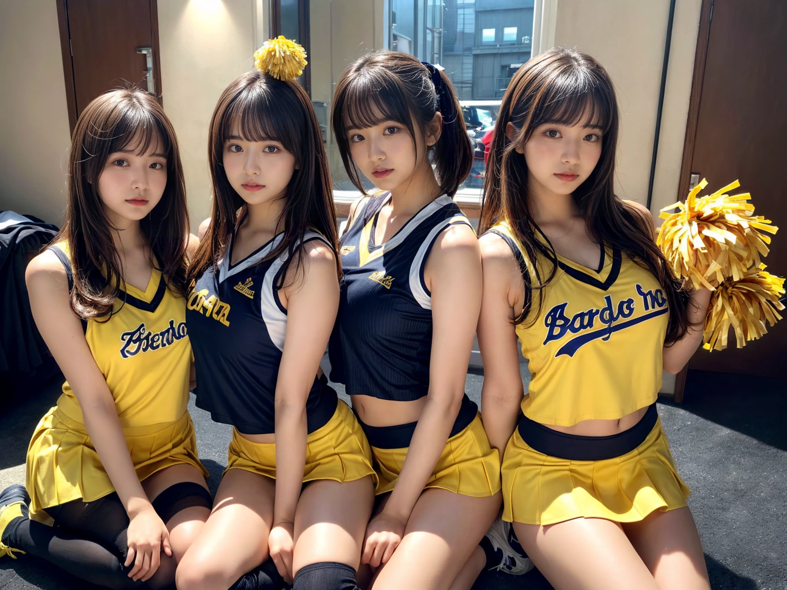 masterpiece, best quality, illustration, Super detailed, fine details, High resolution, 8K,wall paper, perfect dynamic composition,(Details High quality, realistic depiction of eyes:1.3), (3 girls), BREAK (cheerleader uniform with yellow as basic color:1.3), (holding a yellow pompoms in hand:1.4), (sleeveless yellow tunic with baseball team logo:1.4), yellow tops, (bold V-neck:1.3), ((Blue lines, black lines) on tops:1.3), ((fit and flare, A-line):1.3), (A-line yellow rah-rah skirt:1.3), mini skirt, (black socks:1.3), (sports shoes:1.2), sitting, open legs, short bob hair, in a hotel room in the background, deep on field, large breasts, black hair color, Big Natural Color Lip, (perfect body shape), crying a little、Harajuku style、20 year old girl、cute type、beautiful legs, Gravure Idol