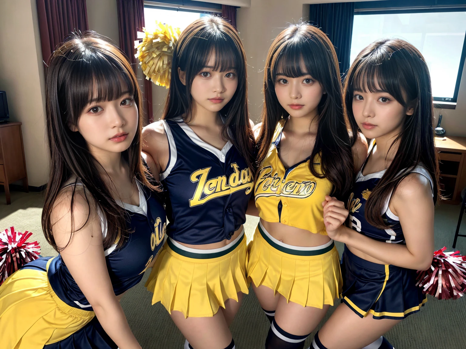 masterpiece, best quality, illustration, Super detailed, fine details, High resolution, 8K,wall paper, perfect dynamic composition,(Details High quality, realistic depiction of eyes:1.3), (3 girls), BREAK (cheerleader uniform with yellow as basic color:1.3), (holding a yellow pompoms in hand:1.4), (sleeveless yellow tunic with baseball team logo:1.4), yellow tops, (bold V-neck:1.3), ((Blue lines, black lines) on tops:1.3), ((fit and flare, A-line):1.3), (A-line yellow rah-rah skirt:1.3), mini skirt, (black socks:1.3), (sports shoes:1.2), sitting, open legs, short bob hair, in a hotel room in the background, deep on field, large breasts, black hair color, Big Natural Color Lip, (perfect body shape), crying a little、Harajuku style、20 year old girl、cute type、beautiful legs, Gravure Idol