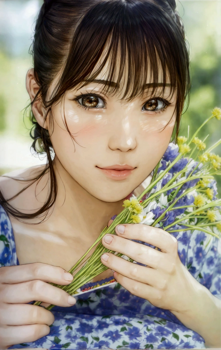 manga style, a close up of a woman holding a bunch of flowers, kimi takemura, Yoshitomo Nara, sakimichan, Chiho, close up iwakura lain, by Tadashi Nakayama, shiori teshirogi, Yasumoto Oka, Chiho ashima, deayami kojima, small face, kawaii, cute girl, brown hair, cute,