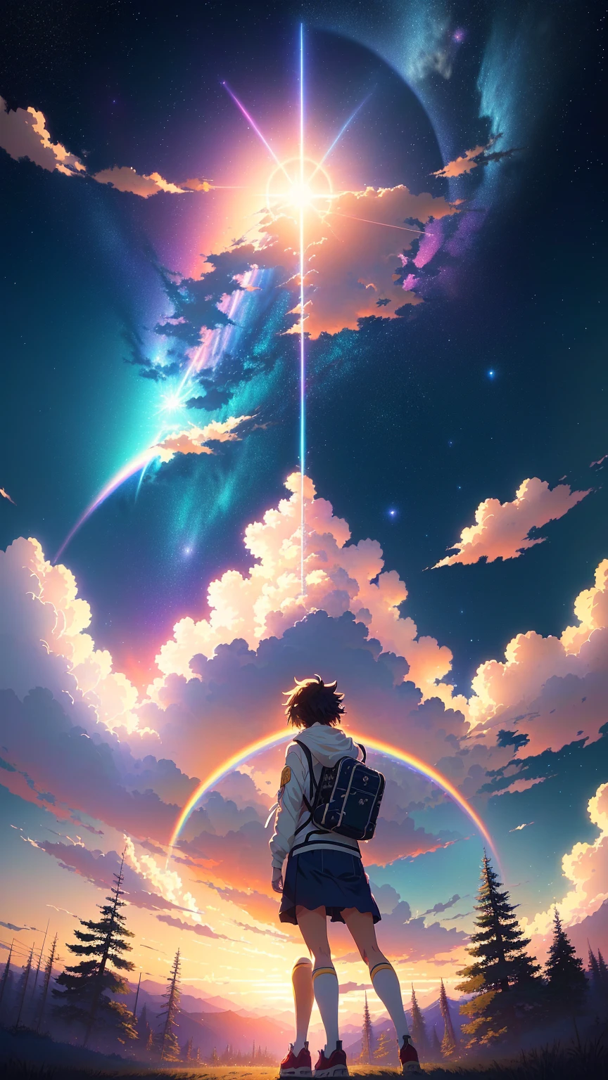 anime, anime, anime art, anime, anime, null, cloud, sun, rainbow, star, Angel, Angel, Angel, Angel, Angel,, 宇宙のnull. by makoto shinkai, Makoto Shinkai Cyril Rolland, colorful anime movie background, yourname movie style, yourname, anime movie background, Kimi no na wa Photorealistic