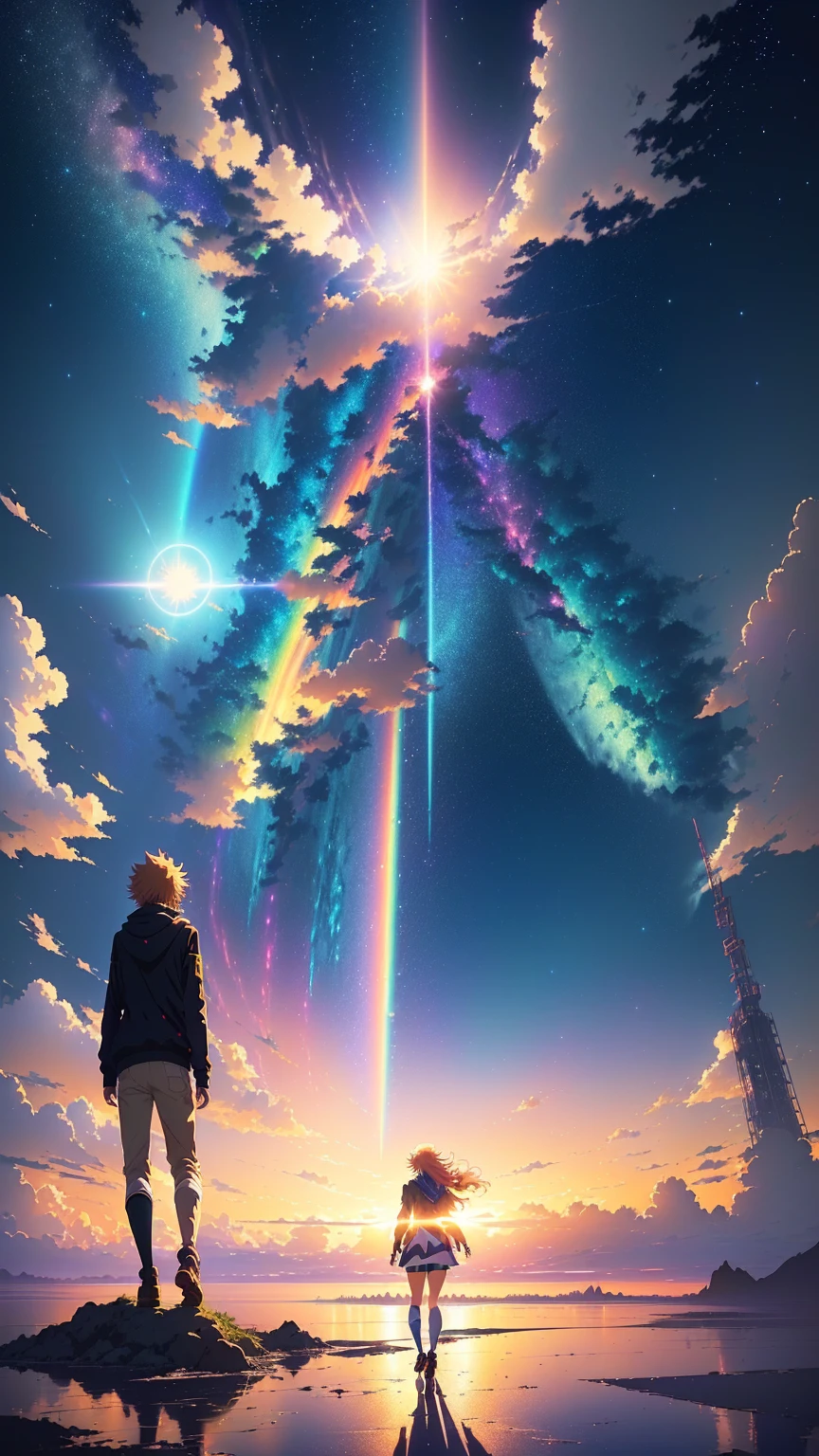 anime, anime, anime art, anime, anime, null, cloud, sun, rainbow, star, Angel, Angel, Angel, Angel, Angel,, 宇宙のnull. by makoto shinkai, Makoto Shinkai Cyril Rolland, colorful anime movie background, yourname movie style, yourname, anime movie background, Kimi no na wa Photorealistic