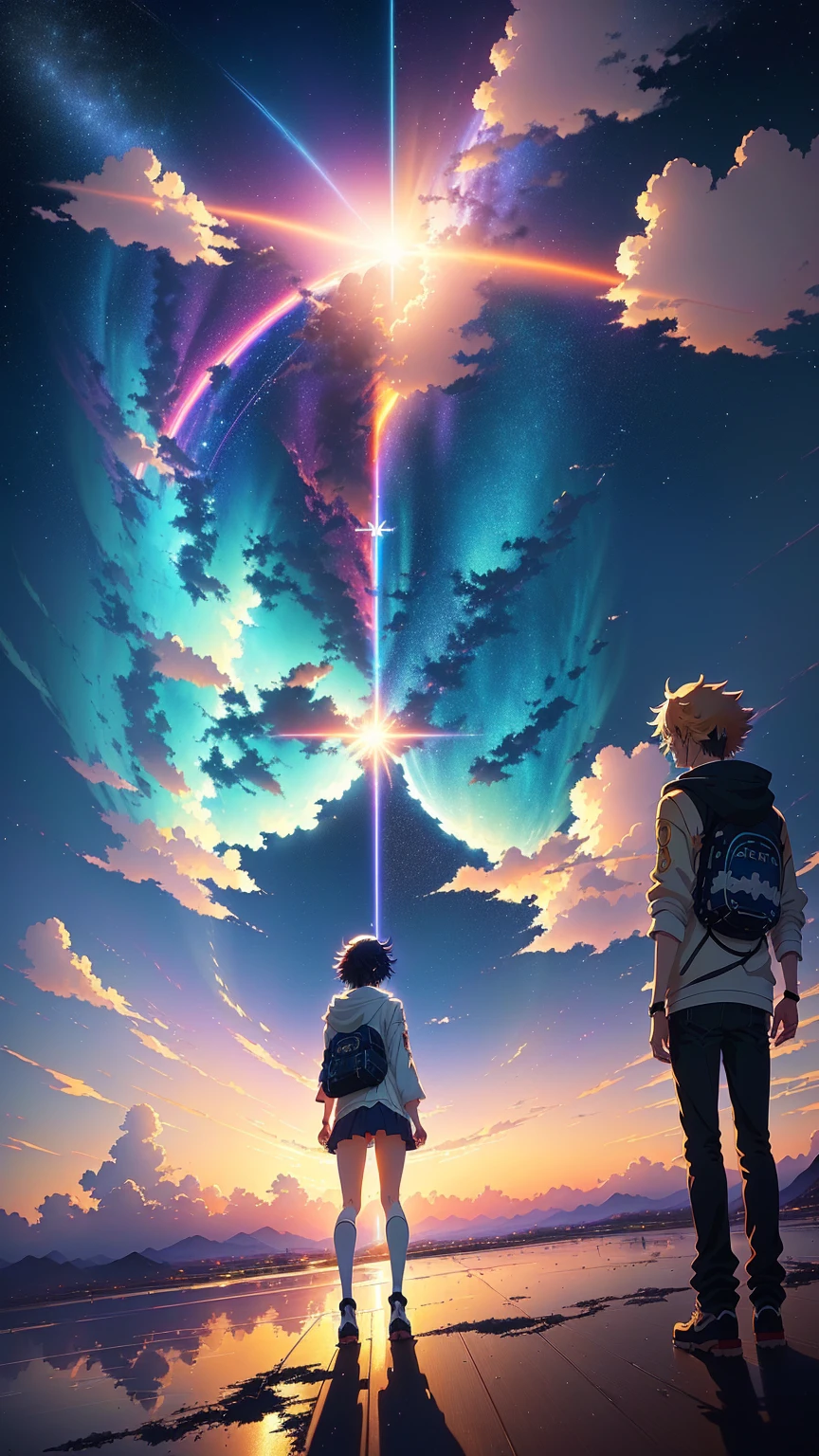 anime, anime, anime art, anime, anime, null, cloud, sun, rainbow, star, Angel, Angel, Angel, Angel, Angel,, 宇宙のnull. by makoto shinkai, Makoto Shinkai Cyril Rolland, colorful anime movie background, yourname movie style, yourname, anime movie background, Kimi no na wa Photorealistic