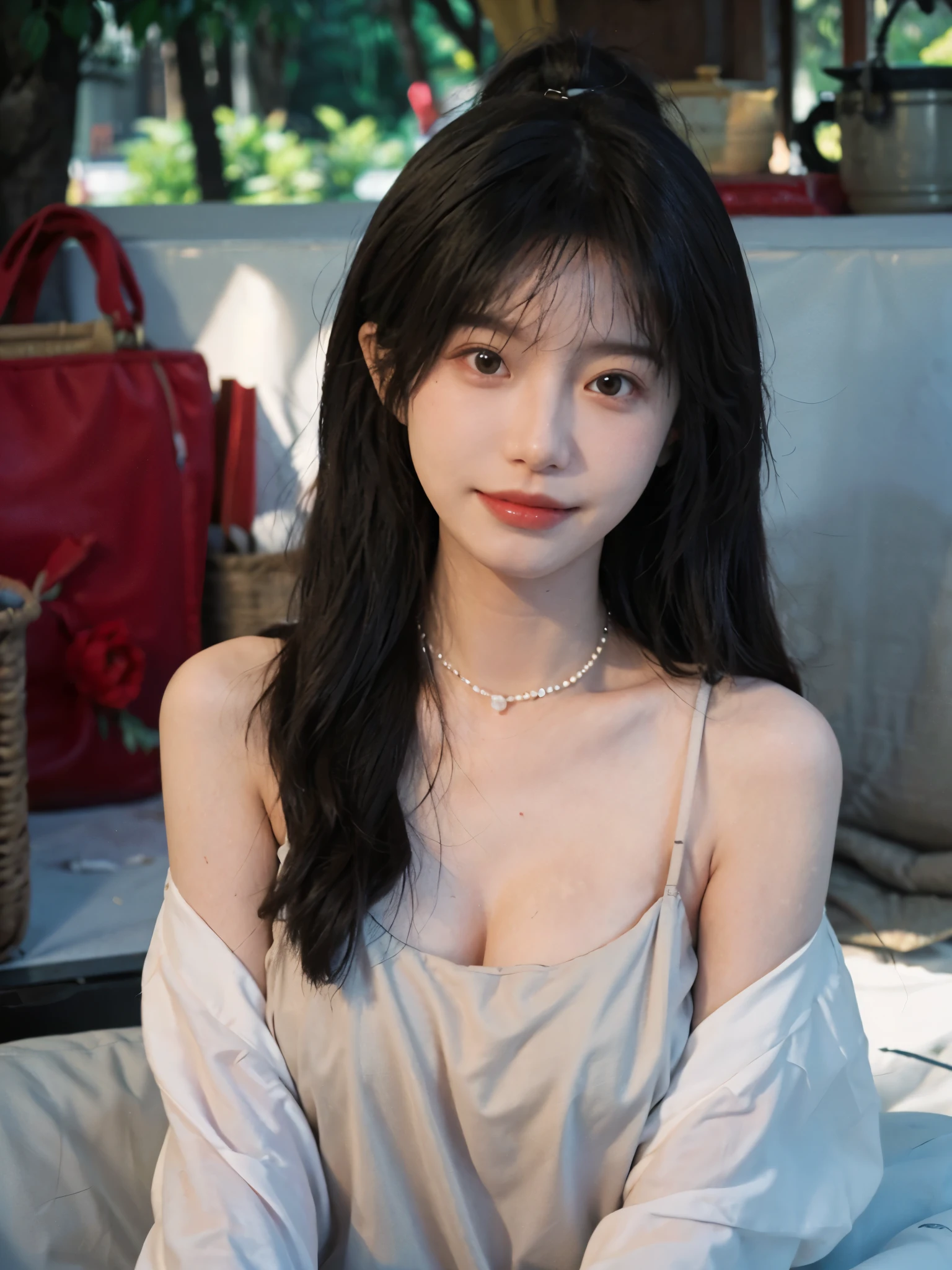 best qualtiy， Ultra-high resolution， （realisticlying：1.4），cute hairpin，Baoyu Girl，European style apartment，（flatchest：1.2） ，A pair of clear and moving peach blossom eyes,Royal Sister，sunshine on face，Big waves，（ln the forest：1.4），（choker necklace：1.2），（Fair skin：1.4），a sense of atmosphere，a beauty girl， ssmile，head straight-looking at viewer， closeup cleavage ，(Photorealistic:1.4),1girll,sexly,(Upper body:1.4),(Wet body),(:1.2)