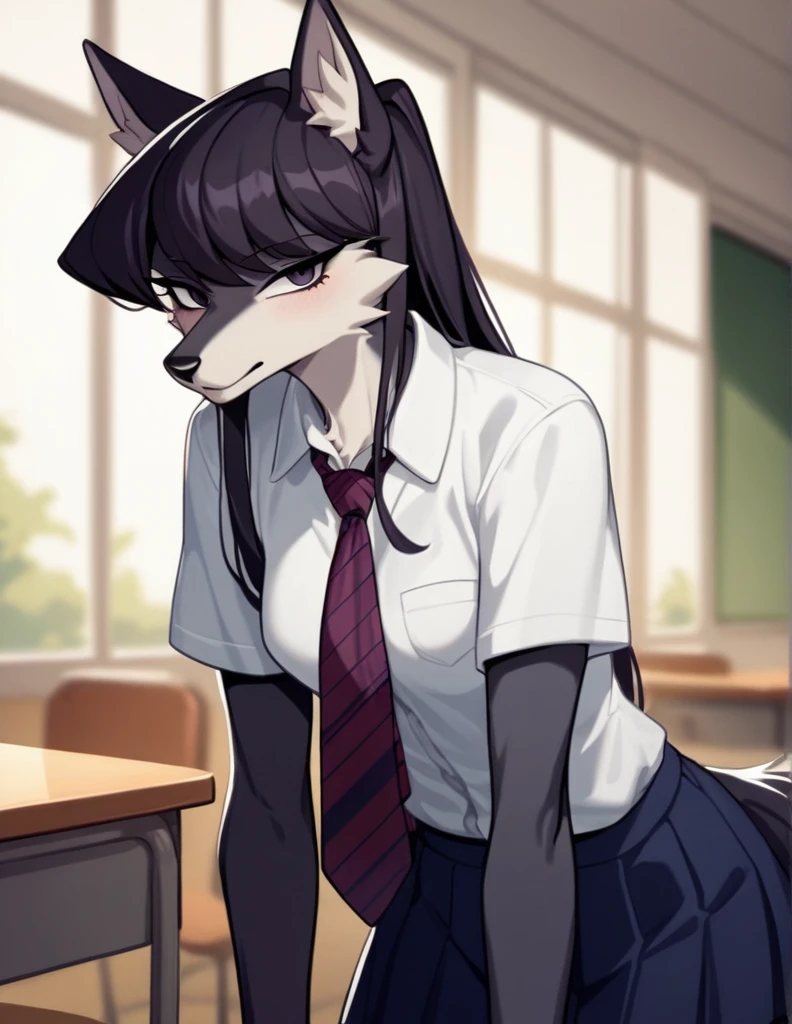 score_9,score_8_up,score_7_up, source_anime, source_furry, Anthro furry wolf girl, Komi Shouko, she is an Anthro furry black wolf, black furry body, wolf snout, black nose, tall and skinny, small breasts, wearing , at a Japanese school,