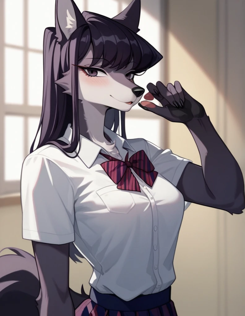 score_9,score_8_up,score_7_up, source_anime, source_furry, Anthro furry wolf girl, Komi Shouko, she is an Anthro furry black wolf, black furry body, wolf snout, black nose, tall and skinny, small breasts, wearing , at a Japanese school, 